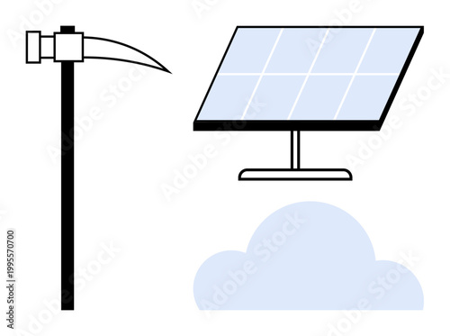 Renewable energy, sustainable technology, mining resources, energy production, environment, cloud computing. A solar panel, mining pickaxe and cloud illustration. Renewable energy and sustainable