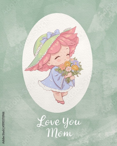 Charming watercolor illustration of a little girl holding a bouquet of flowers with “Love You Mom” text.Soft pastel background and vintage style create a warm and emotional mood,perfect for Mother’s