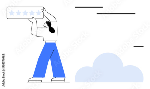 Customer experience, user feedback, client satisfaction, online reputation, service reviews, consumer ratings. A person holding a five-star rating above their head. Customer experience and user