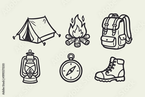 Camping and Hiking Hand Drawn Icon Set