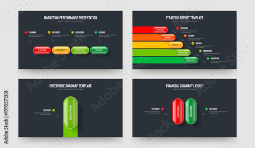 Market Strategy Four Five One Two Element Diagram Presentation Template Vector Illustration Collection. Enterprise Innovation 4 5 1 2 Step Infographic Slideshow Design Set.