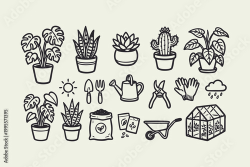 Gardening and Houseplant Line Art Icon Set