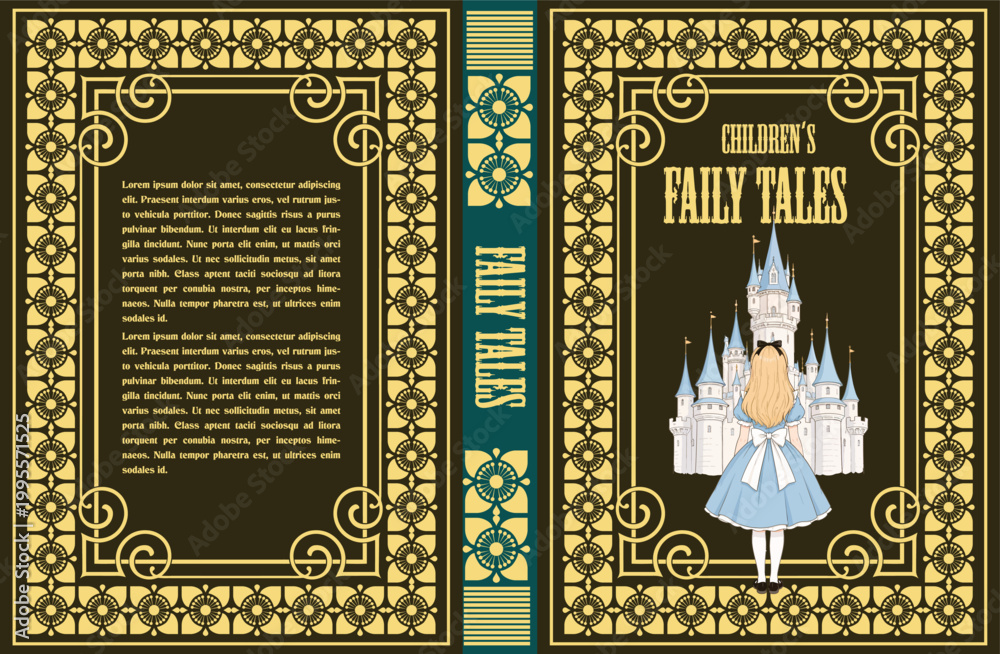 Fototapeta premium 080-38-Ornate vintage book cover with girl character looking at a castle