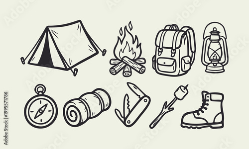 Hand-Drawn Camping and Outdoor Adventure Icons