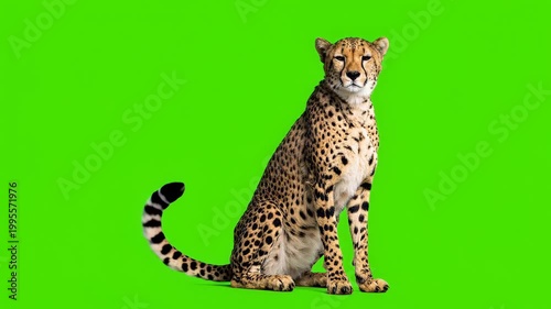 Cheetah Sitting on Green Screen Background.