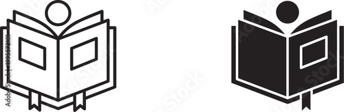 Minimalist book reading icons, person reading open book vector set, black and white education symbols for library and school