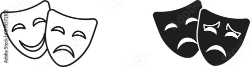 Theater masks vector set, comedy and tragedy drama icons, black and white theatrical performance symbols for stage arts