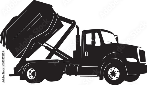 Black dump truck, silhouette vehicle, construction truck, waste management icon