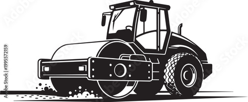 Road roller, construction vehicle, heavy equipment, industrial machine, black and white vector