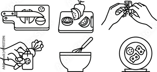 Cooking Process Icons Set: Chopping, Mixing, Preparing Food Step-by-Step