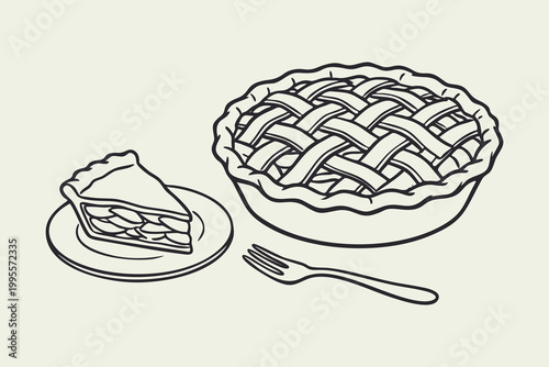 Lattice Pie with Slice and Fork Line Art Illustration