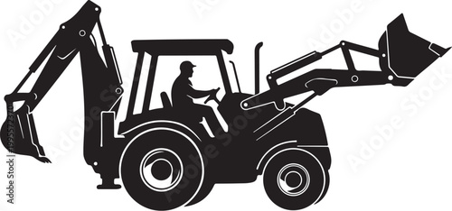 Black silhouette backhoe loader, construction vehicle icon, heavy equipment symbol, industrial tractor