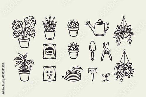 Gardening and Houseplant Hand Drawn Icon Set