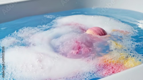 Bath Bomb Fizzing and Dissolving in Water Creating Colorful Bubbles.