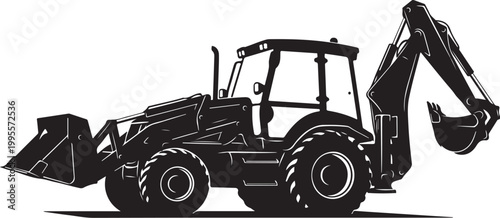 Black and white tractor, excavator, backhoe loader, construction vehicle