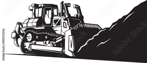 Bulldozer, heavy equipment, construction vehicle, earth mover, black and white
