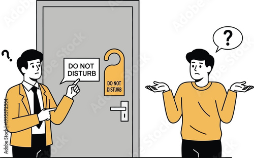 Man points to "Do Not Disturb" sign on door, second man confused