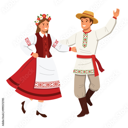 Couple in Traditional Belarusian Folk Costumes Dancing Vector Illustration