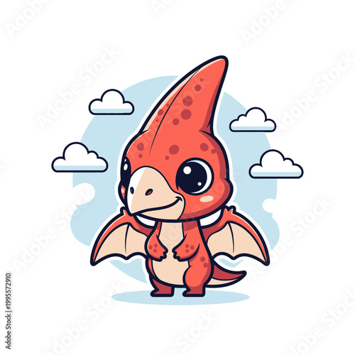 Cute Red Pterodactyl Cartoon Vector Illustration. Adorable Baby Dinosaur Character with Clouds and Wings for Kids Design and Prints.