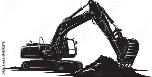 Black excavator, construction equipment, digger, heavy machinery, vector illustration