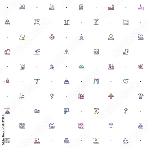 Seamless pattern factory and production Pictograms icon on white background. Included icons such as industry, manufacturing, product, packaging, assembly, machine, warehouse and other elements.