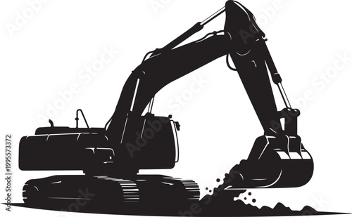 Black excavator silhouette, heavy machinery icon, construction equipment, digger vector