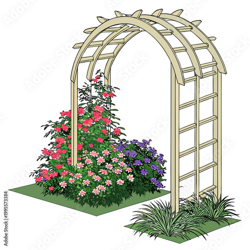 A detailed illustration depicts a wooden garden archway overflowing with vibrant pink and purple flowering climbing plants high quality professional modern elegant