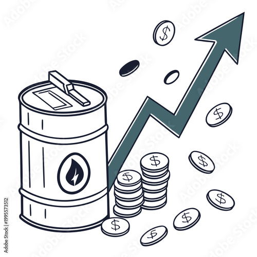 A conceptual illustration depicts a rising graph alongside an oil barrel and falling coins suggesting increasing energy costs high quality professional detailed