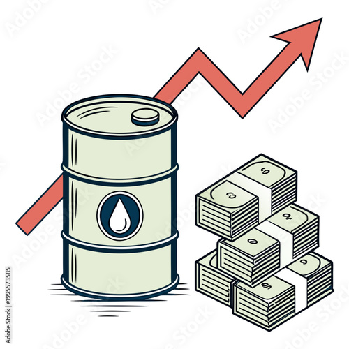 An illustration depicts an oil barrel alongside stacks of money with a rising graph line suggesting increasing prices or profits high quality