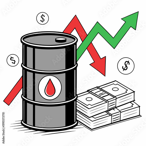 This illustration depicts a black oil barrel alongside rising and falling graphs money and dollar signs representing market fluctuations high quality professional