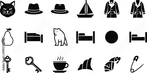 Icon Set Collection: Cat, Hat, Sailboat, Coat, Pear, Bed, Bear, Coffee, Key, Croissant