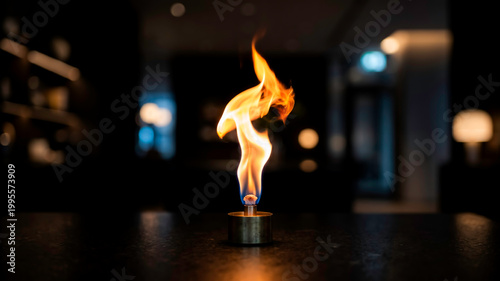 A vibrant flame burning from a small metal table lamp on a dark counter against a blurred restaurant background with warm bokeh lights. Perfect for dining and nightlife concepts.
