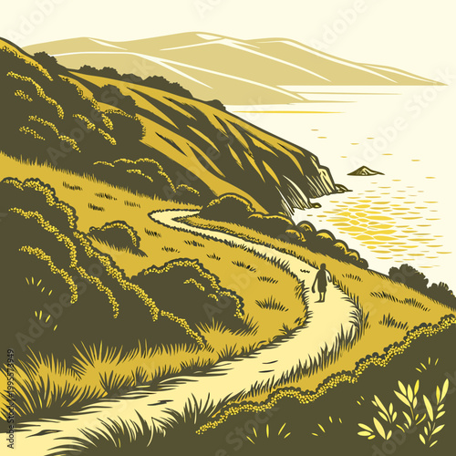 A solitary figure walks along a winding path overlooking a serene coastline with layered hills in the distance high quality professional detailed