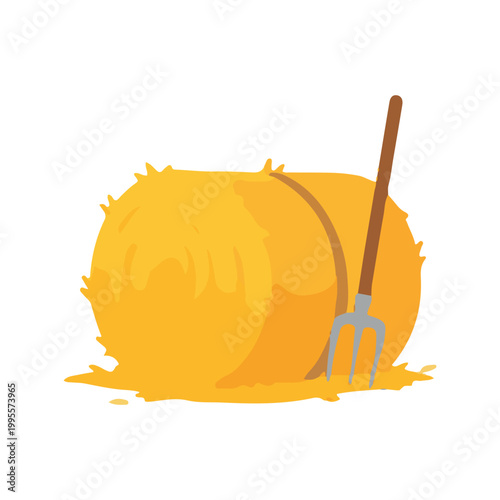 Round Hay Bale and Pitchfork Illustration