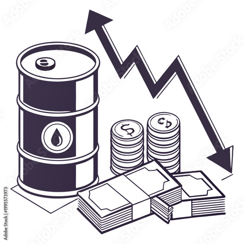 An illustration depicts a declining graph alongside oil barrels and stacks of money symbolizing economic downturns in the energy sector high quality