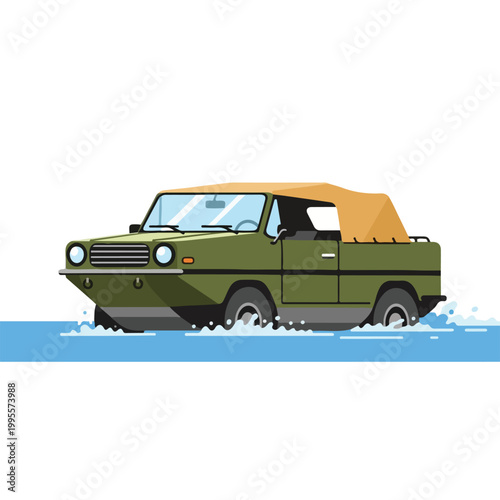 Green military vehicle driving through water with orange canopy