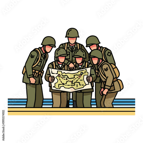 Soldiers in green uniforms studying a large map together outdoors