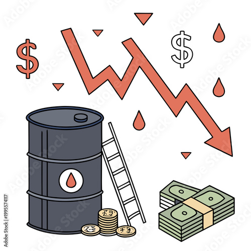 A visual representation depicts a sharp decline in oil prices symbolized by a falling graph and associated financial losses high quality professional