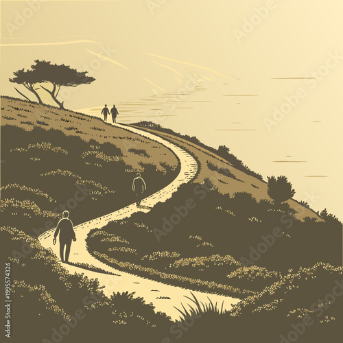 A vintage style illustration depicts a winding coastal path with three silhouetted figures enjoying a peaceful walk high quality professional detailed modern