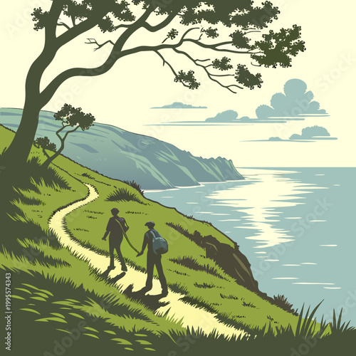 A scenic illustration depicts a winding path along a coastal hillside showcasing two people leisurely walking towards the ocean high quality professional