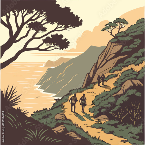 A vintage style illustration depicts three figures hiking along a coastal path with dramatic cliffs and a serene ocean view high quality