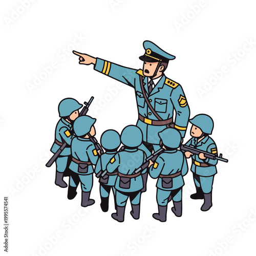 Military officer giving orders to a team of soldiers in formation