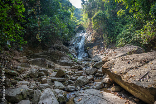 Scenery view of the 2nd floor of Huay Mae Sai waterfall a stunning natural wonder located in Chiang Rai, Thailand.