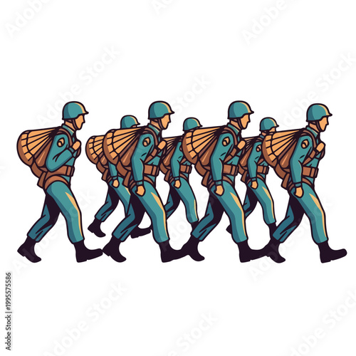 Diver team walking in line with scuba gear on white background