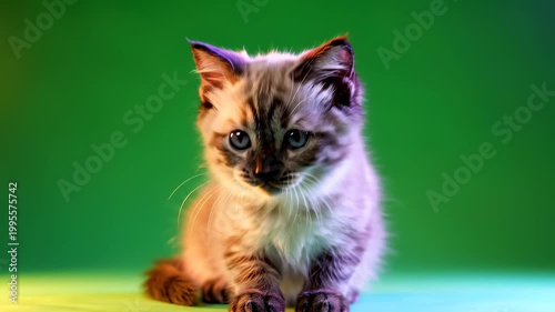 Adorable Siamese Kitten Poses for Camera on Green Background.