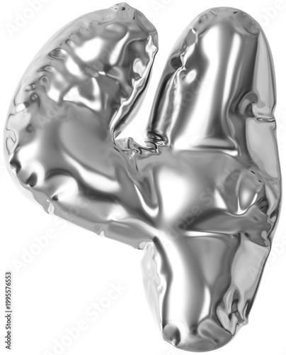 3D Silver foil inflatable number 4 with a glossy plastic effect, inflated balloon chrome style typography for trendy futuristic design