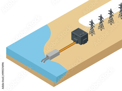 Diagram illustrating a power generation facility, likely a hydroelectric dam, with transmission lines extending across a landscape