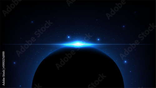Cinematic space background of a planet sunrise with a bright blue light flare, glowing stars and digital nebula