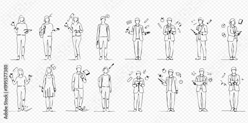Set of people juggling multiple tasks, illustrating multitasking, productivity, and work-life balance challenges in line art style.