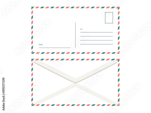 Empty postcard with postage stamps. Blank airmail envelope template with front and back view for travel. Vector vintage design	
